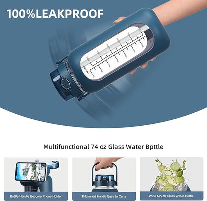 74 oz Glass Water Bolttles with Straw Large Motivational Water Bottle with Time Marker Sports Water Bottles with Silicone Sleeve and Handle Lid 2.2L Water Jug for Gym Workout