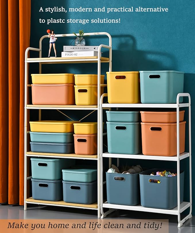 Plastic Storage Bins with Lid, Stackable Storage Containers for Organizing, Storage Baskets for Shelves Kitchen Bathroom Playroom Classroom Office (Medium (Yellow+Orange))