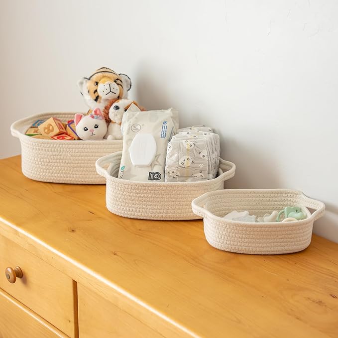 OrganiHaus Set of 5 White Rectangle Bathroom Storage Baskets for Organizing, Small Woven Baskets for Storage Baskets for Bathroom, Nursery Storage Basket for Baby Nursery Organization, Cute Bins