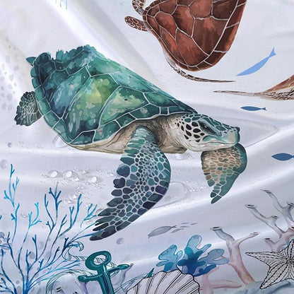 AILONEN Cartoon Sea Turtle Shower Curtain Set, Blue Ocean Animals Waterproof Fabric Shower Curtain,Gouache Anchor Nautical Theme Shower Curtain Liner for Bathroom with Hooks,72" Wx72 H