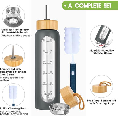 32 oz Glass Water Bottles with Straw - Motivational Glass Water Bottle with Time Marker & Silicone Sleeve - Reusable Glass Tumbler Includes 2 Bamboo Lids & Fruit Infuser - 1 Pack