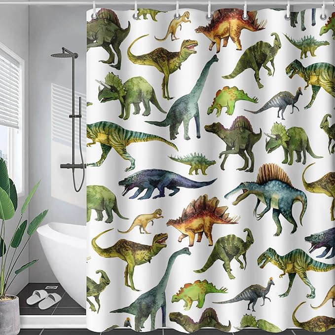 AILONEN Dinosaur Shower Curtain 60" W*72" H for Bathroom,Cartoon Dinosaur Bathroom Shower,Tropical Jungle Dinosaur Kids Boys Bath Curtain Polyester Waterproof Bathroom Curtain with 12 Hooks