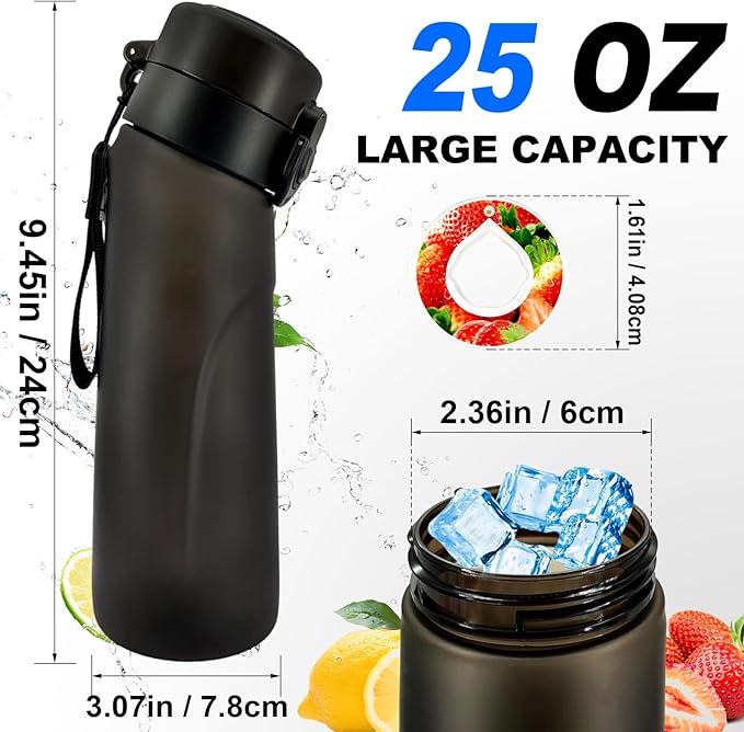 Air Water Bottle with Flavor Pods Tritan, 25oz Sports Water Bottle with Straw Leak-proof, Scented Water Bottle with Carrying Strap(Black+3 Flavor Pods)