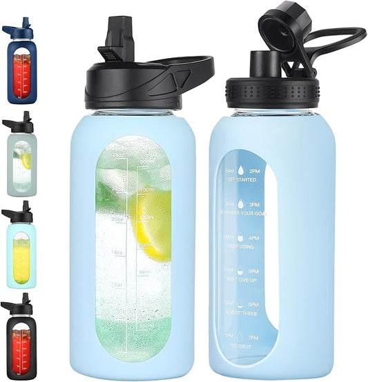 32 oz Glass Water Bottle with Straw and Handle, Sports Motivational Water Flask with Silicone Sleeve, Large Leakproof Water Flask Cup with Time Marker for Travel, Gym, Sky Blue