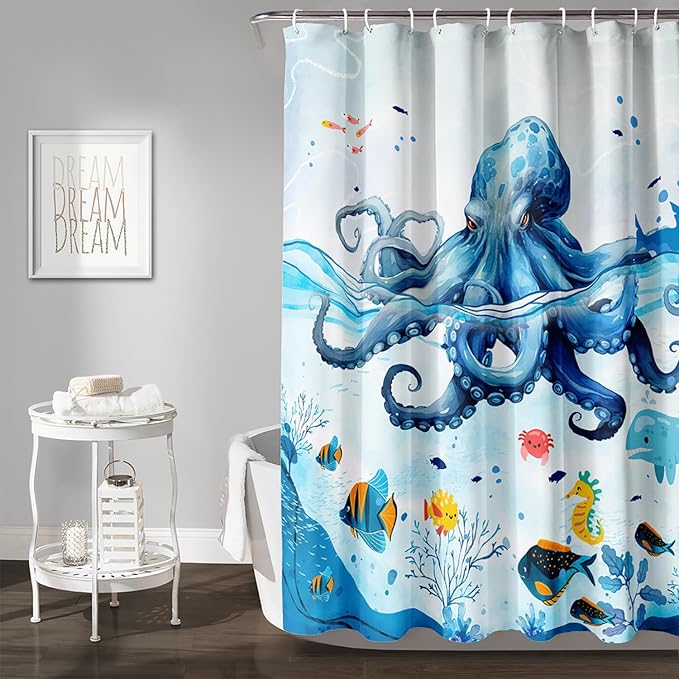 AILONEN Blue Octopuses Shower Curtain Set, Cartoon Octopus Creature Waterproof Fabric Shower Curtain,Ocean Animal Cloth Bath Curtain,Watercolor Blue Shower Curtain Liner with Hooks,48" Wx72 H