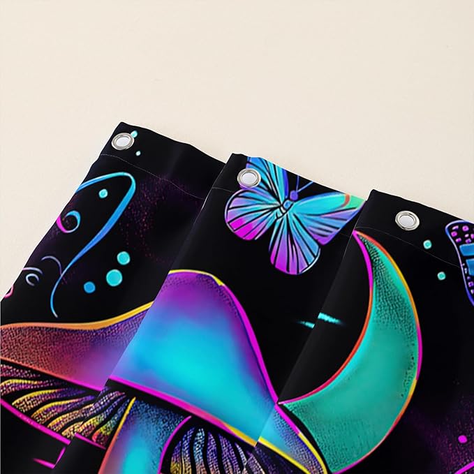 AILONEN Mushroom Shower Curtain,Colorful Butterfly Flower Decoration,Polyester Fabric,Waterproof,Botanical Fungus Plants Black Bath Curtains Washable,with 12 Plastic Hooks, 60" W x 72" H