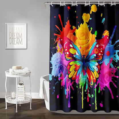 AILONEN Butterfly Shower Curtain for Bathroom, 3D Oil Painting Butterfly Bath Curtain,Colorful Butterfly Rose Flower Decoration Waterproof Black Curtain with 12 Plastic Hooks, 72" W*96" H