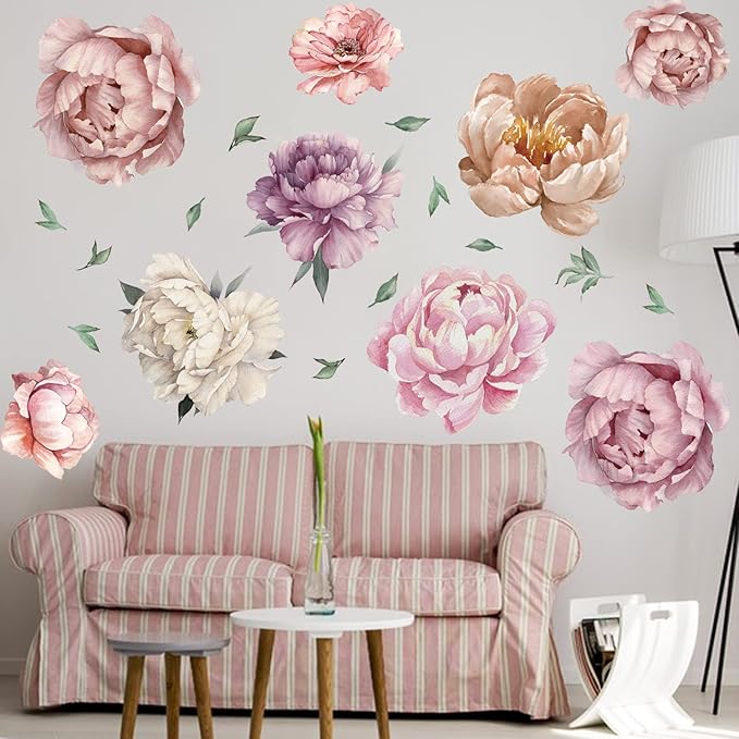 9 Pieces Large Peony Watercolor Wall Decals Peel and Stick, Oppro Big Size Floral Peonies Blossom Colorful Flower Leaves Wall Stickers Decor for Living Room Bedroom Kids Room Decoration, Pink Purple