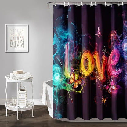 AILONEN Love Theme Shower Curtain for Bathroom,Romantic Smoky Butterfly Bath Curtain,Gradient Love Shabby Chic Print Black Shower Curtain with 12 Plastic Hooks,Waterproof 48" W*72" H