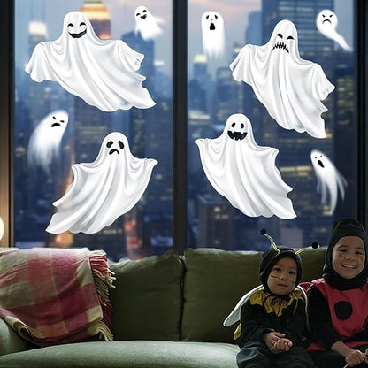 Halloween White Ghost Window Clings Stickers Decoration Horror Ghost Design Halloween Window Cling Decal Double Sided Static Halloween Window Stickers for Halloween Party Supplies Glass Decor