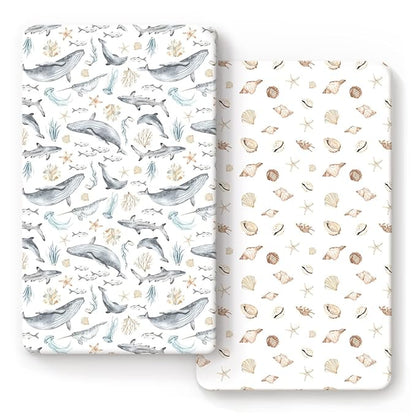 GRSSDER Stretchy Ultra Soft Jersey Knit Fitted Crib Sheets Set 2 Pack, Fit All Standard Crib Mattresses Safe and Snug, Beautiful Marine Organism for Boys and Girls