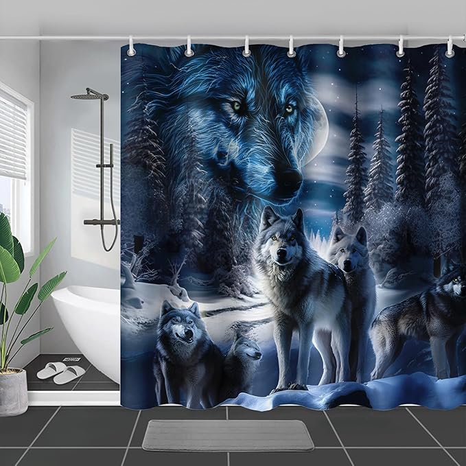 AILONEN Boys Snow Wolf Shower Curtain for Bathroom Decor,3D Night Galaxy Starry Wolf Decor Bath Curtain 72" W*96" H Polyester Fabric Waterproof Bathroom Curtain with 12 Hooks