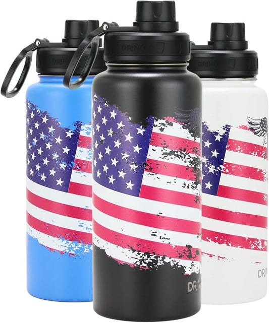 DRINCO Stainless Steel Water Bottle Spout Lid Vacuum Insulated Double Wall Water Bottle USA Flag Military Veteran (32oz US Flag Color Black, 32oz)