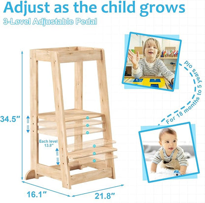 Kids Kitchen Step Stool, Step Stool for Toddlers, Adjustable Height Toddler Standing Tower, Anti-Slip Protection with guardrail, The Anti-Tipping Structure is More Stable (Natural)