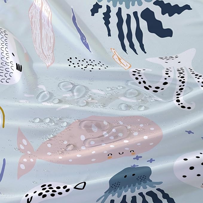 AILONEN Cartoon Ocean Life Shower Curtain for Kids 48" W*72" H Inch,Kawaii Fish Whales Octopuses Pattern Shower Curtain,Ocean Life Theme 12 Pack Hooks Polyester Waterproof Fabric Decor for Bathroom