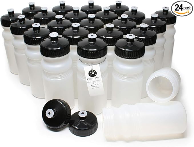 Rolling Sands 20 Ounce Sports Water Bottles 24 Pack, BPA-Free, Made in USA, Dishwasher Safe, Clear Frost Bottles/Black Lids