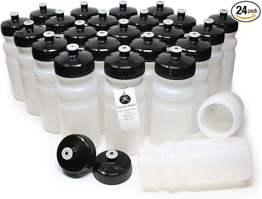 Rolling Sands 20 Ounce Sports Water Bottles 24 Pack, BPA-Free, Made in USA, Dishwasher Safe, Clear Frost Bottles/Black Lids