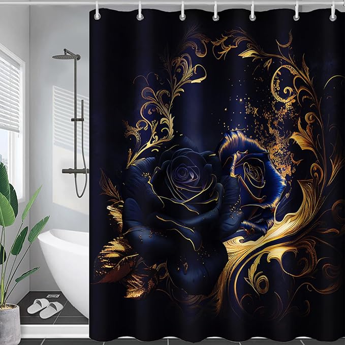 AILONEN Blue Rose Shower Curtain 72"W*96"H for Bathroom,Mystic Blue Gold Flower Glitter Rose Print Bath Curtain,Girls Women Teen Adults Bath Curtain Polyester Waterproof Shower Curtain With 12 Hooks