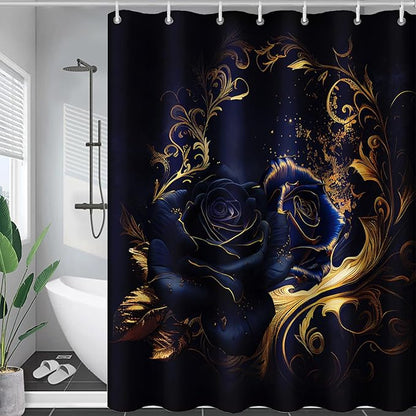 AILONEN Blue Rose Shower Curtain 72"W*96"H for Bathroom,Mystic Blue Gold Flower Glitter Rose Print Bath Curtain,Girls Women Teen Adults Bath Curtain Polyester Waterproof Shower Curtain With 12 Hooks