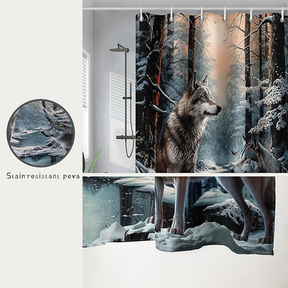AILONEN Snow Wolf Shower Curtain 72" W*72" H for Boys,Winter Wild Animal Wolf Bathroom Decor,Safari Animal Wolf Printed Bath Curtain Waterproof Bath Curtain with Grommets and 12 Hooks