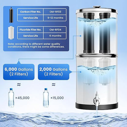 2.25G Gravity-Fed Water Filter System, NSF/ANSI Standard, 304 Stainless Steel System with 2 Carbon Filters, 2 Fluoride Filters and Stand, Reduce 99% Chlorine, Lead and Fluoride