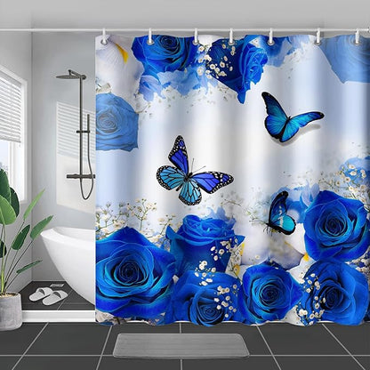 AILONEN Butterfly Shower Curtain for Girl Women,Blue Rose Shower Curtain Butterfly Floral Decor Bath Curtain 72" W*78" H Polyester Fabric Waterproof Bathroom Bathtub Curtain with 12 Hooks