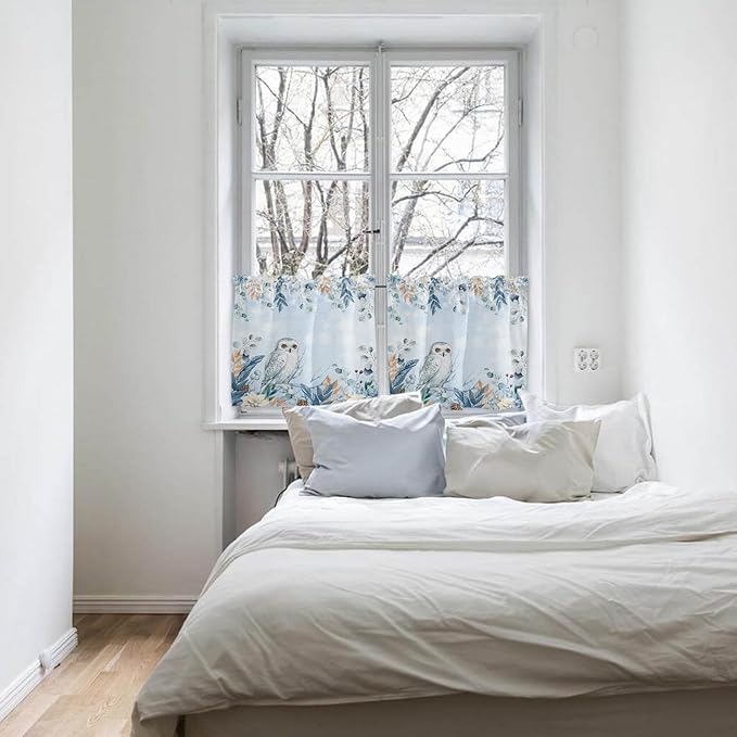 Blue Christmas Kitchen Curtains and Valances Set, Winter Snowy Owl Poinsettia Eucalyptus Leaves Windows Treatments Tiers Half/Short Curtains for Small Windows Cafe /Living Room/ Bedroom 54x24 in