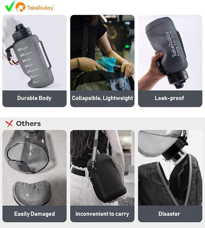 68 oz Collapsible Water Bottles With Straw, Half Gallon Water Bottle With Motivational Time Marker, Large Reusable Silicone Water Jug With Paracord Handle For Sports, Outdoors (Blue)