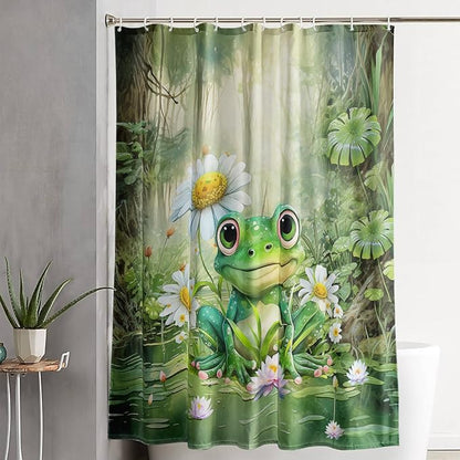 AILONEN Cartoon Frog Shower Curtain,Green Frog with Daisy Bath Curtain Set for Kids Boys Girls,Tropical Amphibian Waterproof Fabric Shower Curtain,Nature Shower Curtain for Bathroom,72" W*78" H