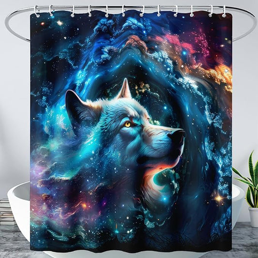 AILONEN 3D Wolf Shower Curtain for Bathroom,Blue Space Galaxy Starry Clouds Wolf Printed Bath Curtain,Boys Teen Kids Wild Animal Wolf Decoration Shower Curtain Waterproof 72" W*84" H