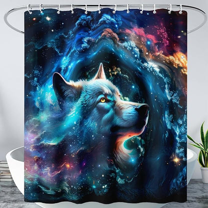 AILONEN 3D Wolf Shower Curtain for Bathroom,Blue Space Galaxy Starry Clouds Wolf Printed Bath Curtain,Boys Teen Kids Wild Animal Wolf Decoration Shower Curtain Waterproof 48" W*72" H