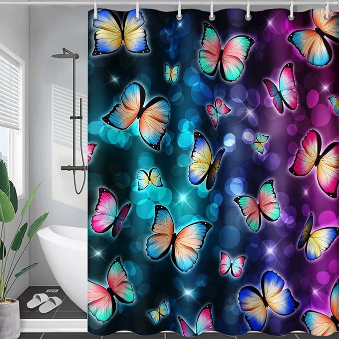 AILONEN Colorful Butterfly Shower Curtains,Gradient Butterfly Bath Curtain for Bathroom Decor,Polyester Waterproof with 12 Plastic Hooks 72" W*96" H