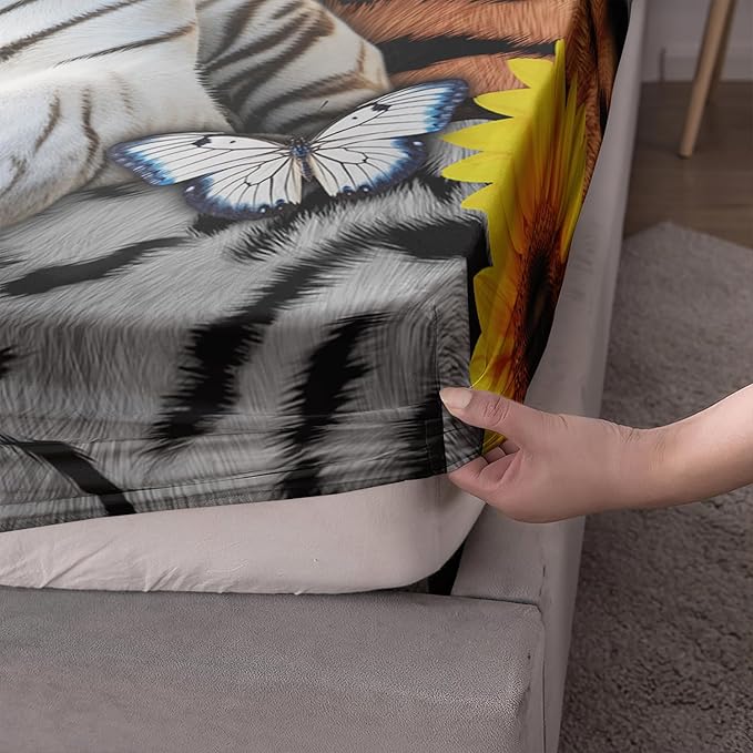 AILONEN Tiger Fitted Sheet Set Full Size, 3 Pieces White Tiger Fur Printed Bed Sheet Set,Kids Boys Girls Sunflower Tiger Sheet Set,Butterfly Tiger Fitted Sheet with 2 Pillowcases
