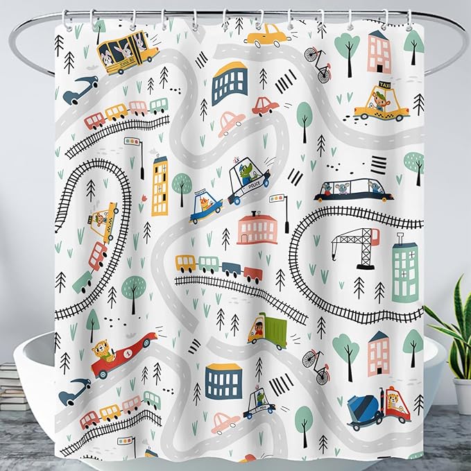 AILONEN Construction Truck Shower Curtain, Kids Cartoon Train Vehicle Tractor Cars Bath Curtain for Boys,White Road Map Bathroom Decor Waterproof Fabric 72" W*84" H Inch with 12 Plastic Hooks