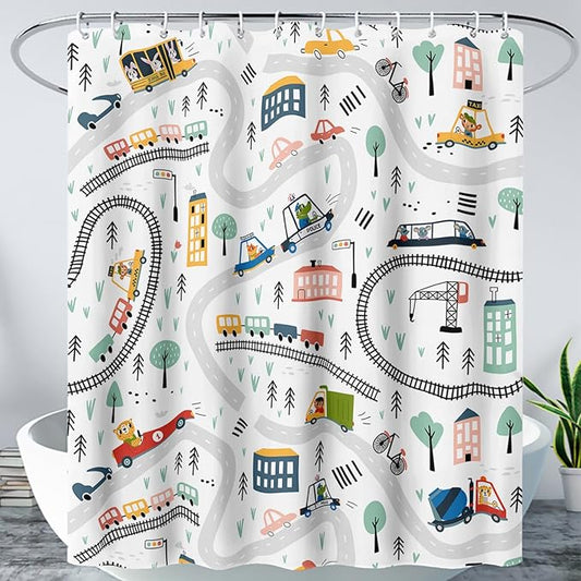AILONEN Construction Truck Shower Curtain, Kids Cartoon Train Vehicle Tractor Cars Bath Curtain for Boys,White Road Map Bathroom Decor Waterproof Fabric 72" W*84" H Inch with 12 Plastic Hooks