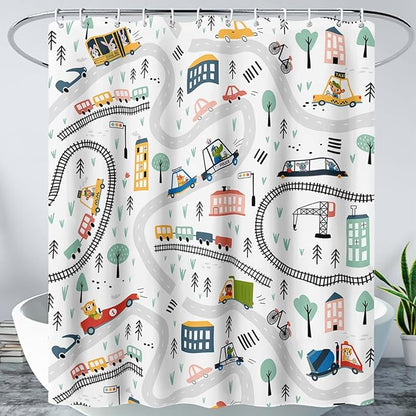 AILONEN Construction Truck Shower Curtain, Kids Cartoon Train Vehicle Tractor Cars Bath Curtain for Boys,White Road Map Bathroom Decor Waterproof Fabric 72" W*96" H Inch with 12 Plastic Hooks