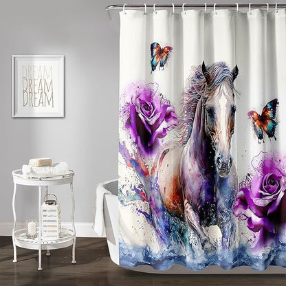 AILONEN 3D Horse Shower Curtain,Galloping Horses with Butterfly Waterproof Fabric Shower Curtains for Bathroom,Oil Purple Rose Bath Curtain Set with Hooks, 48" W*72" H