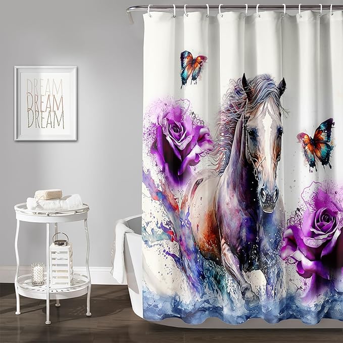 AILONEN 3D Horse Shower Curtain,Galloping Horses with Butterfly Waterproof Fabric Shower Curtains for Bathroom,Oil Purple Rose Bath Curtain Set with Hooks, 72" W*84" H