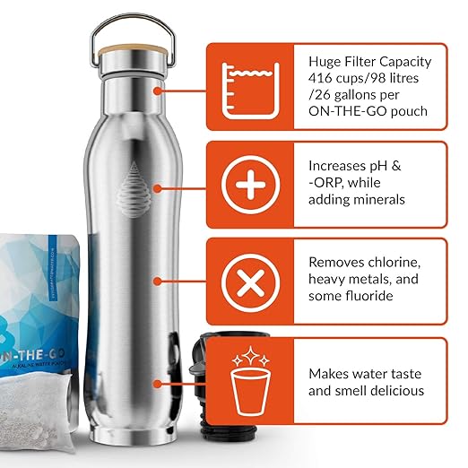 Invigorated Water pH Active Insulated Water Bottle - Filtered Alkaline Water Bottle - Stainless Steel Water Bottle - Includes Alkaline Water Filter, Plus Sports Gym Lid - Double Walled Metal - 650ml