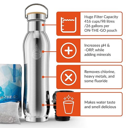 Invigorated Water pH Active Insulated Water Bottle - Filtered Alkaline Water Bottle - Stainless Steel Water Bottle - Includes Alkaline Water Filter, Plus Sports Gym Lid - Double Walled Metal - 650ml