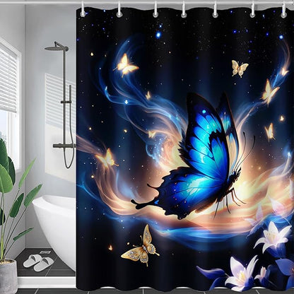AILONEN Butterfly Shower Curtain,Blue Butterfly Bath Curtain for Girls Kids Women,Glowing Starry Flower Butterfly Decoration Bathroom Waterproof Curtain with 12 Plastic Hooks, 60" W*72" H