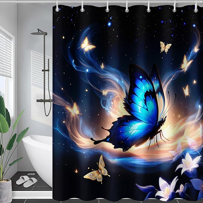 AILONEN Butterfly Shower Curtain,Blue Butterfly Bath Curtain for Girls Kids Women,Glowing Starry Flower Butterfly Decoration Bathroom Waterproof Curtain with 12 Plastic Hooks, 36" W*72" H