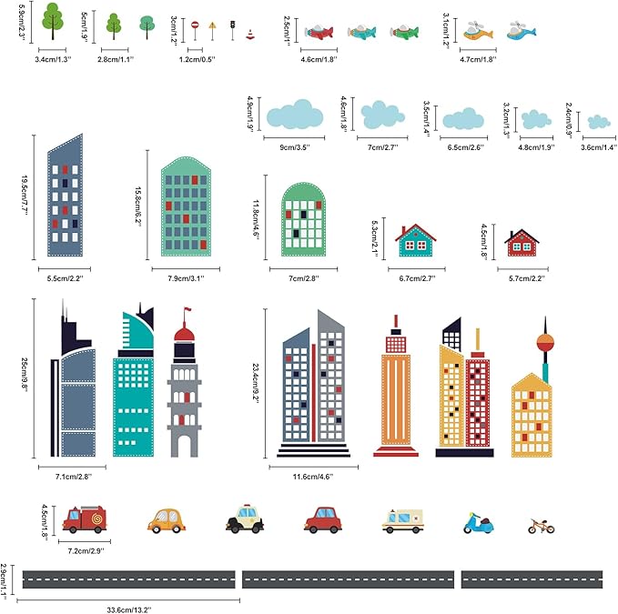 49pcs Cars City Wall Decals Removable Sticker for Kids Cartoon Cloud Skyscraper Construction Wall Stickers Airplane Kids Wall Decor Children's Day Gift Wallpapers for Nursery Classroom Playroom