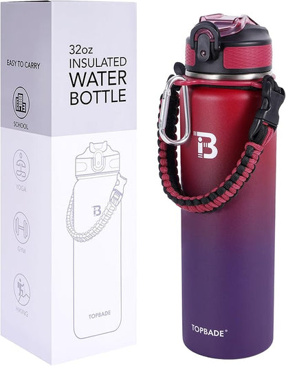 32oz Insulated Water Bottle with Straw Lid & Spout Lid & Paracord Handle, Stainless Steel Water Bottle Wide Mouth, Double Wall for Women Men Gym Fitness Outdoor