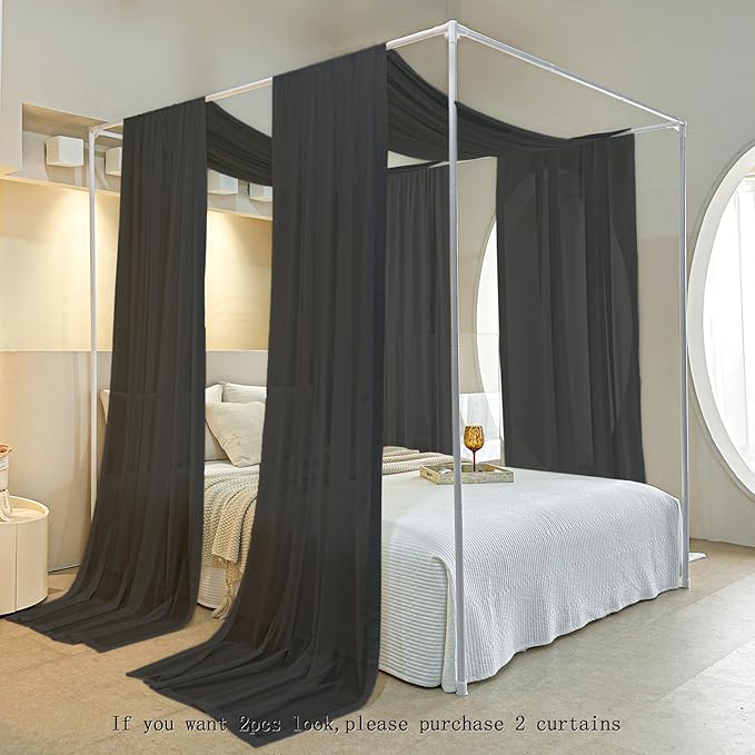AIKASY Black Bed Canopy Scarf for King - Luxury Sheer Canopy Bed Curtains with Light - Suitable for Four-Poster Bed, Metal Bed Frame, Wood Bed Frame -1pic