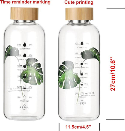 50 Oz Glass Water Bottle Wide Mouth with Time Markers, Bamboo Lid, Neoprene Sleeve Bpa Free