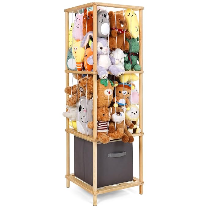 ACEPRUT Wood Stuffed Animal Storage Holder with Storage Basket, Space Save Three Tier Vertical Large Stuffed Animal Zoo Organizer for Playroom Bedroom, Toy Storage Birthday Gifts for Kids
