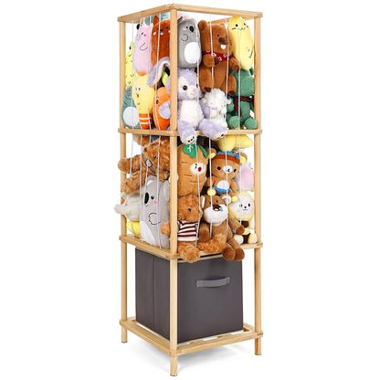 ACEPRUT Wood Stuffed Animal Storage Holder with Storage Basket, Space Save Three Tier Vertical Large Stuffed Animal Zoo Organizer for Playroom Bedroom, Toy Storage Birthday Gifts for Kids