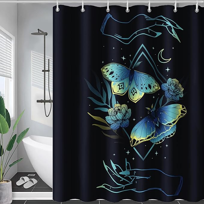 AILONEN Blue Moth Shower Curtain,Flora Death Moth Bath Curtain for Bathroom Decor,Polyester Waterproof with 12 Plastic Hooks 48" W*72" H