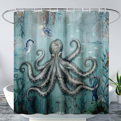 AILONEN 3D Ocean Octopus Shower Curtain Set for Bathroom,Sea Turtle Seahorse Animal Bath Curtain,Ocean Theme Waterproof Fabric Shower Curtain with Hooks,72" W*96" H